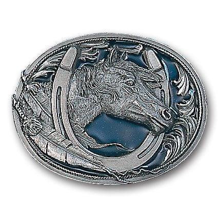 Horse Head in Horseshoe Enameled Belt Buckle - Siskiyou Buckle