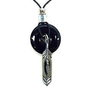 Feather Adjustable Cord Necklace with Onyx Colored Disc - Flyclothing LLC