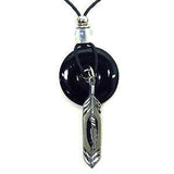 Feather Adjustable Cord Necklace with Onyx Colored Disc - Flyclothing LLC