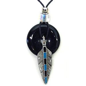 Feather Adjustable Cord Necklace with Onyx Colored Disc - Flyclothing LLC