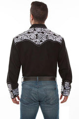 Scully Leather Black-White Floral Tooled Embroidery Mens Shirt - Flyclothing LLC