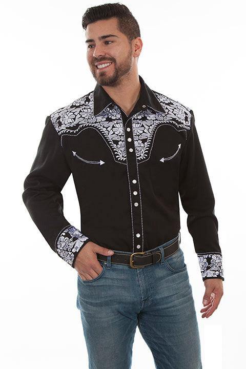 Scully Leather Black-White Floral Tooled Embroidery Mens Shirt - Flyclothing LLC