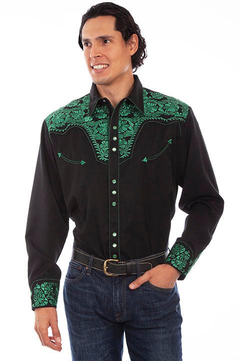 Scully Leather Emerald Floral Tooled Embroidery Mens Shirt - Flyclothing LLC