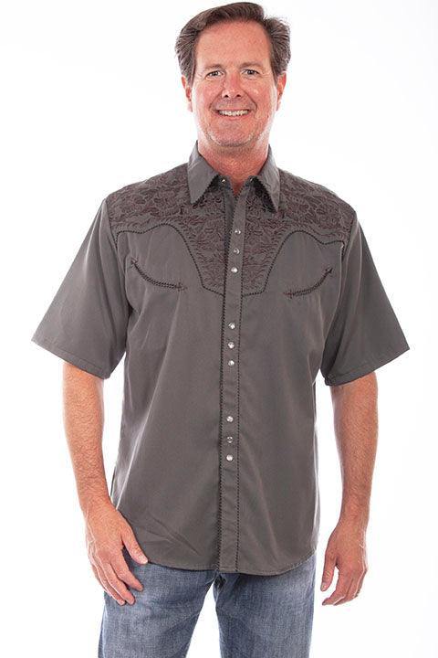 Scully CHARCOAL SHORT SLEEVE FLORAL TOOLED EMB. SHIR - Flyclothing LLC