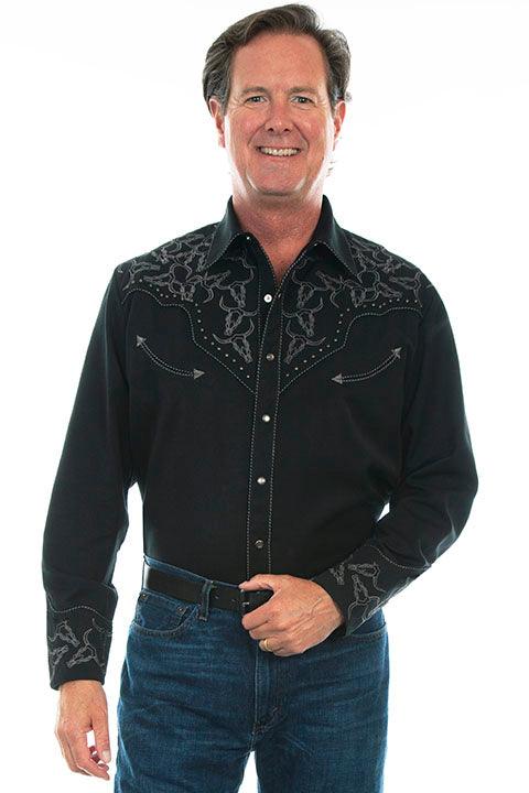 Scully Leather Black Longhorn Embroidered Shirt - Flyclothing LLC