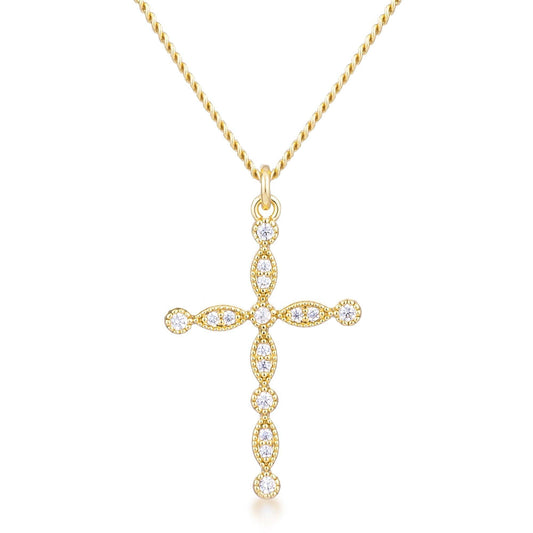 Delicate Vintage Gold Plated Clear CZ Cross Pendant - Flyclothing LLC