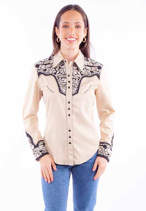 Scully Leather Western Scully Tan Floral Tooled Emb Blouse