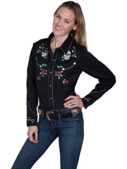 Scully BLACK LADIES SKULL/ROSE EMBROIDERED BLOUSE - Flyclothing LLC