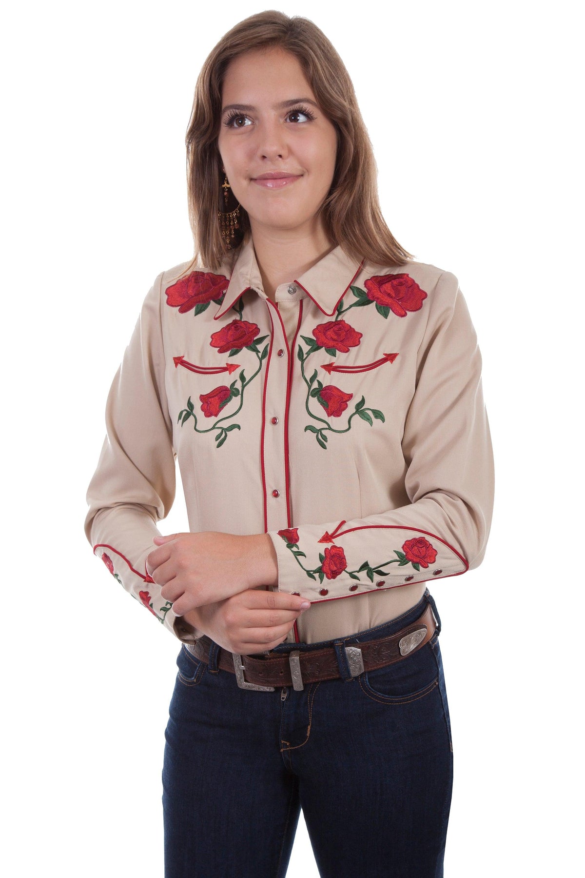 Scully TAN VINTAGE ROSE EMBROIDERED BLOUSE - Flyclothing LLC