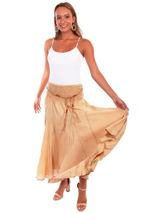 Scully KHAKI ACID WASH SKIRT W/BEADED CORD BELT - Flyclothing LLC