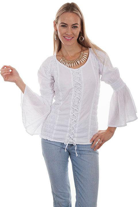 Scully WHITE LACE UP BLOUSE W/SIDE SMOCKING L/S - Flyclothing LLC