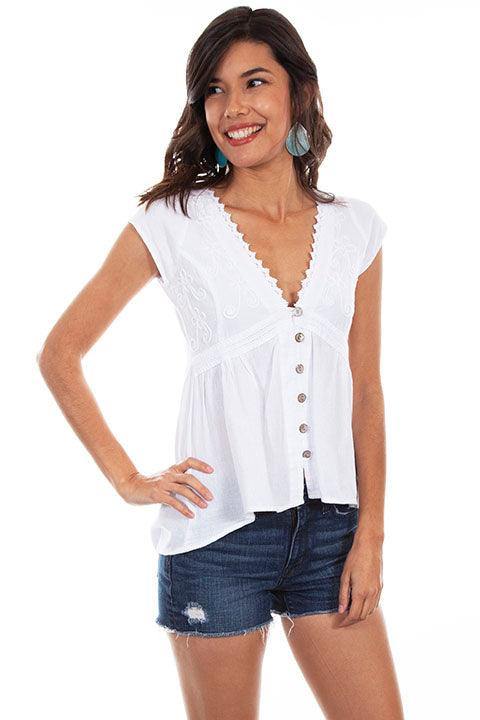 Scully WHITE HI/LO C/S EMBROIDERED BUTTON FRONT BLOUSE - Flyclothing LLC