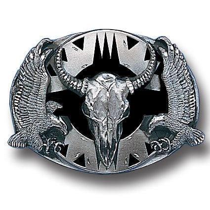 Buffalo Skull/Eagles (Diamond Cut) Enameled Belt Buckle - Siskiyou Buckle