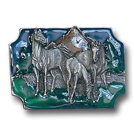 Horses Grazing Enameled Belt Buckle - Siskiyou Buckle