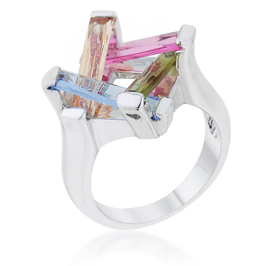 Myra Ring 10ct Multicolor CZ Rhodium Cocktail Ring - Flyclothing LLC