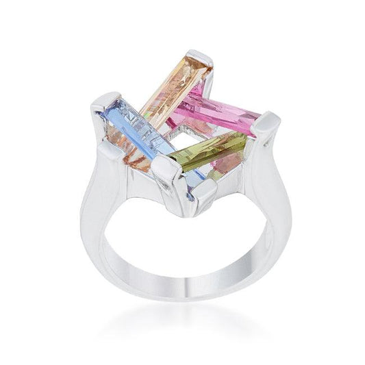 Myra Ring 10ct Multicolor CZ Rhodium Cocktail Ring - Flyclothing LLC