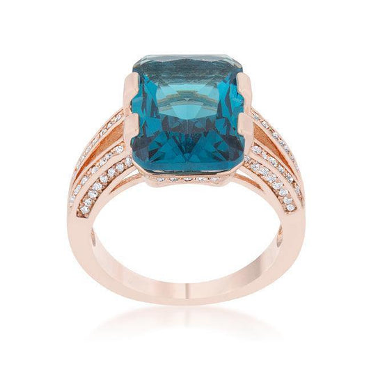 Rema 8.6ct Aqua CZ Rose Gold Emerald Classic Cocktail Ring - JGI