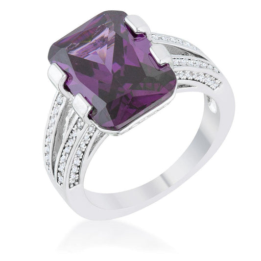 Rema 8.6ct Amethyst CZ Rhodium Emerald Classic Cocktail Ring - JGI