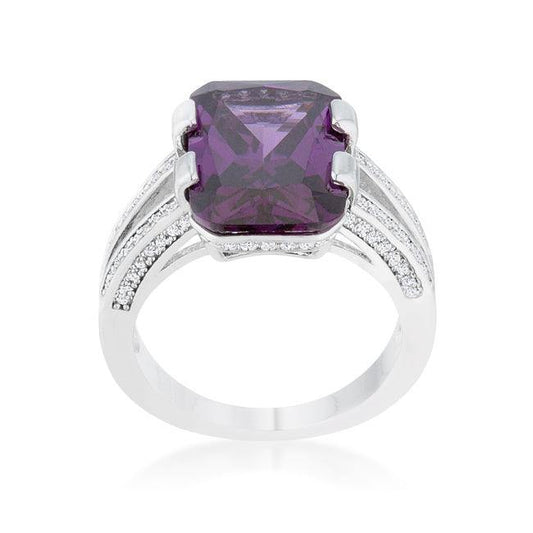 Rema 8.6ct Amethyst CZ Rhodium Emerald Classic Cocktail Ring - JGI