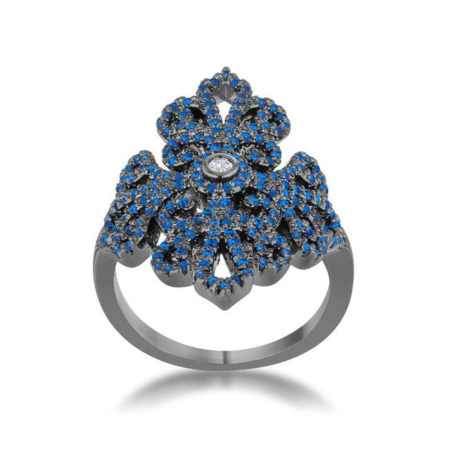 Victoria 1.23ct Sapphire CZ Hematite Filigree Cocktail Ring - Flyclothing LLC