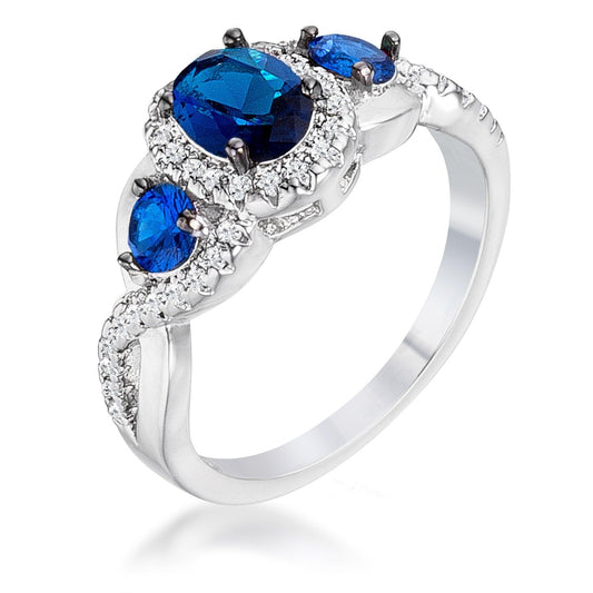 1.43Ct Rhodium & Hematite Plated Sapphire Blue & Clear CZ Three Stone Twisted  Ring - JGI