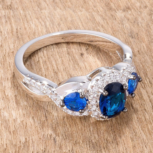 1.43Ct Rhodium & Hematite Plated Sapphire Blue & Clear CZ Three Stone Twisted  Ring - JGI