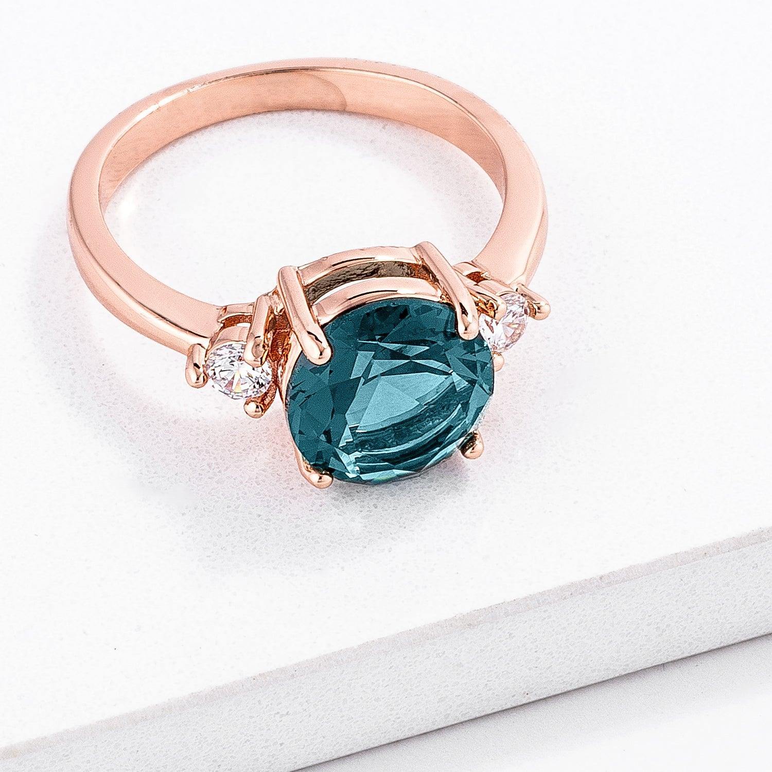 Rose Gold Plated Blue Green Three Stone Engagement Ring - JGI