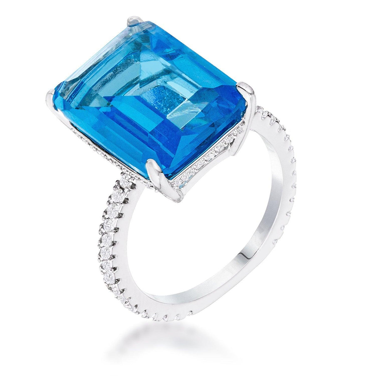 15Ct Rhodium Plated Aqua Blue Emerald Cut Pave Ring - Flyclothing LLC