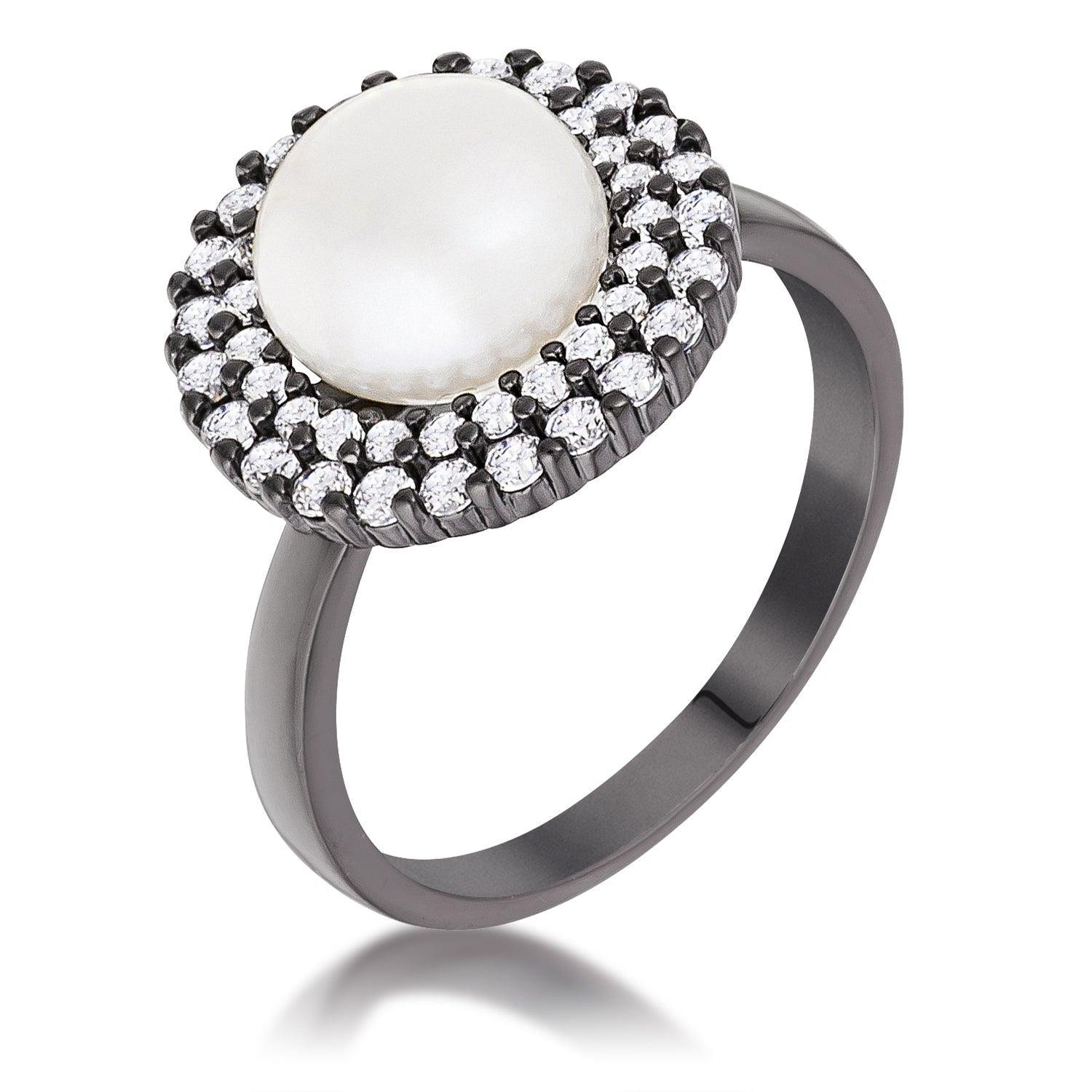 Hematite Double Halo Ethereal Pearl Cocktail Ring - Flyclothing LLC