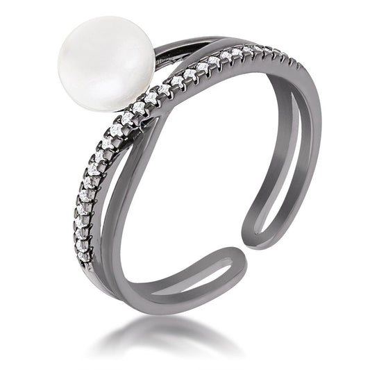 Hematite Pearl Ribbon Bypass Half Pave Ring - Flyclothing LLC