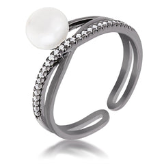 Hematite Pearl Ribbon Bypass Half Pave Ring - Flyclothing LLC