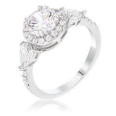 Rhodium  Plated 3-Stone Clear CZ Round Halo Pear Engagement Ring - JGI