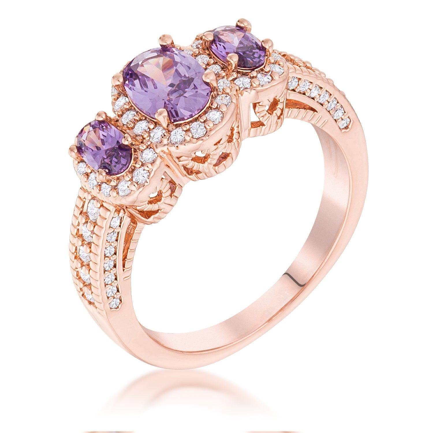 Rose Gold Plated 3-Stone Amethyst Oval Cut CZ Halo Ring - JGI