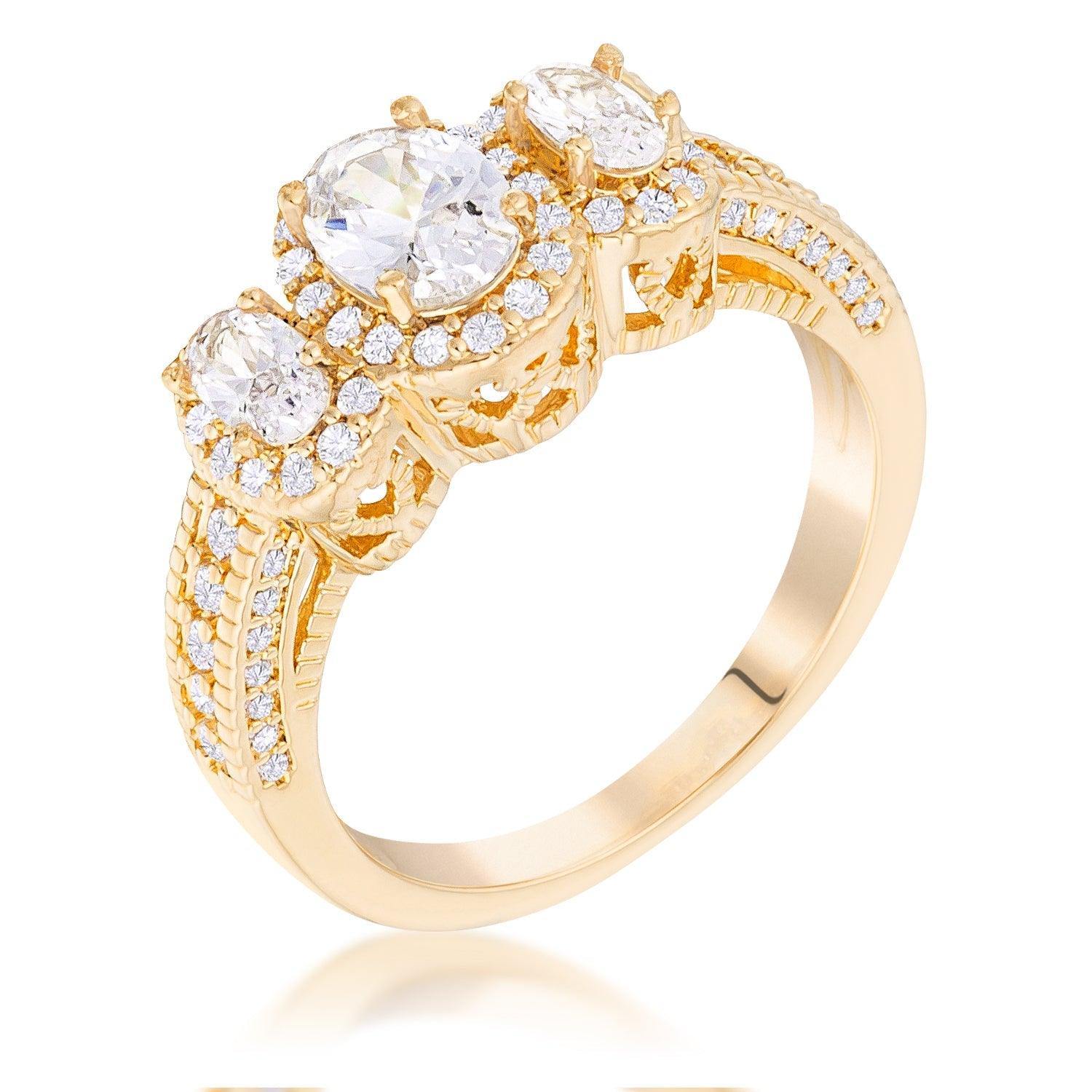 Gold Plated 3-Stone Clear Oval Cut CZ Halo Ring - Flyclothing LLC