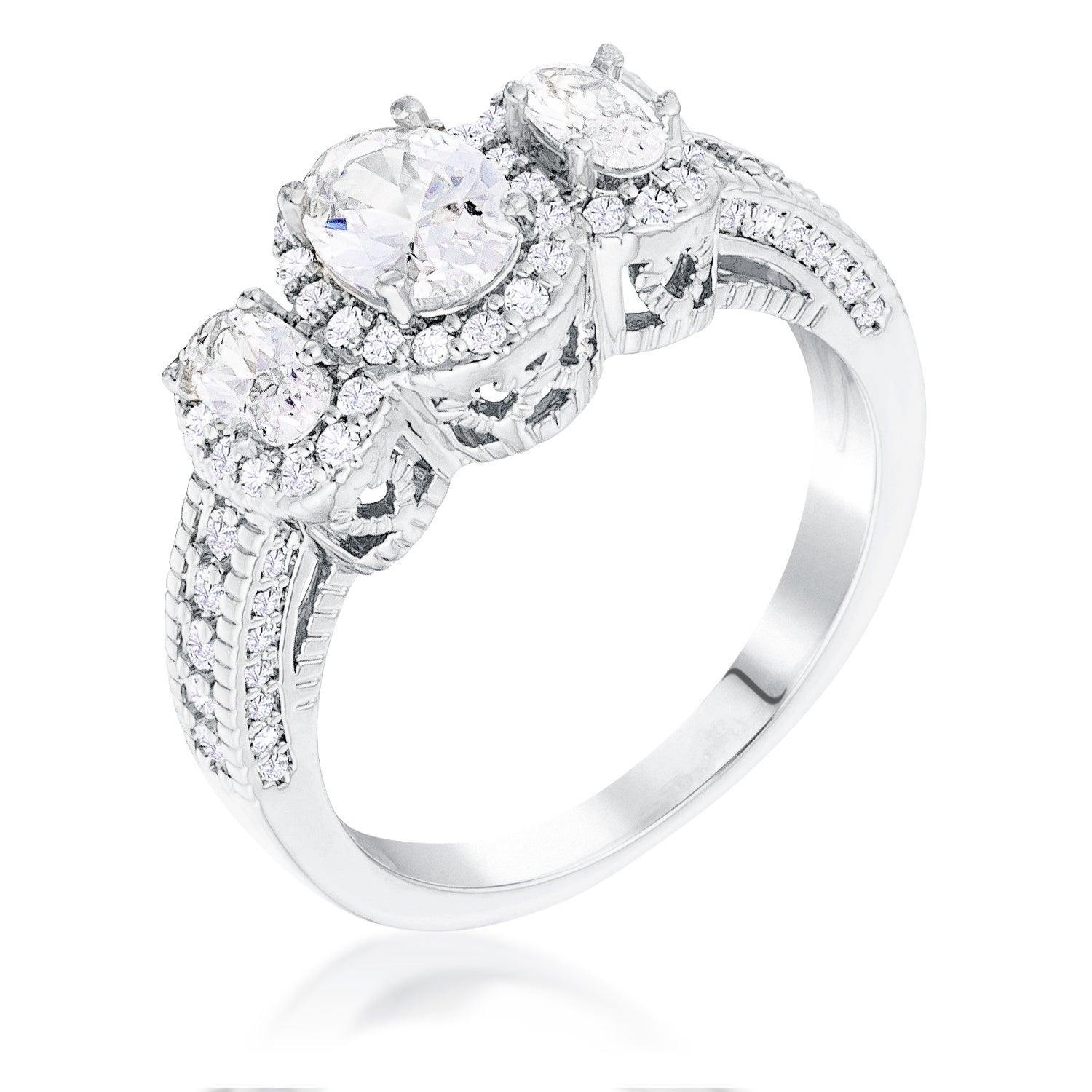 Rhodium Plated 3-Stone Clear Oval Cut CZ Halo Ring - Flyclothing LLC