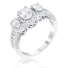 Rhodium Plated 3-Stone Clear Oval Cut CZ Halo Ring - Flyclothing LLC