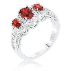 Rhodium Plated 3-Stone Garnet Oval Cut CZ Halo Ring - Flyclothing LLC