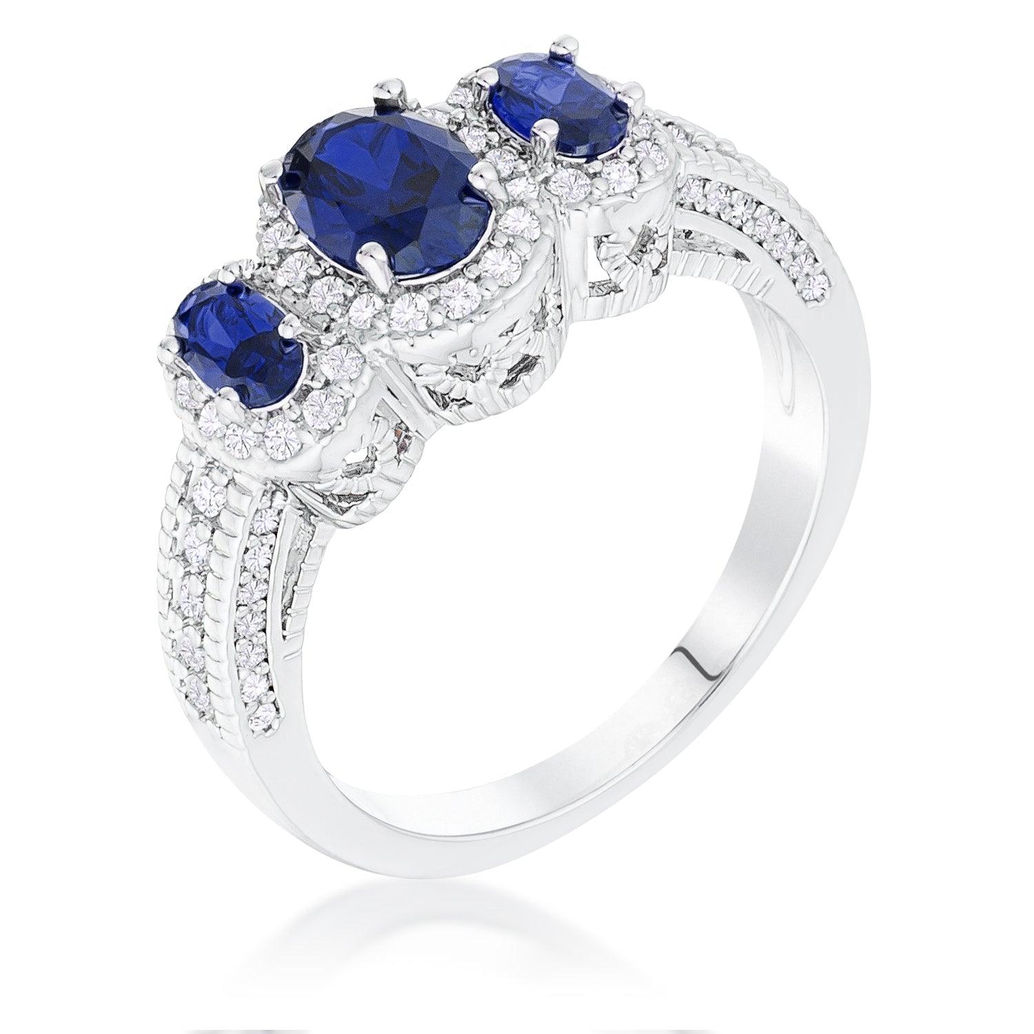 Rhodium Plated 3-Stone Sapphire Blue Oval Cut CZ Halo Ring - Flyclothing LLC