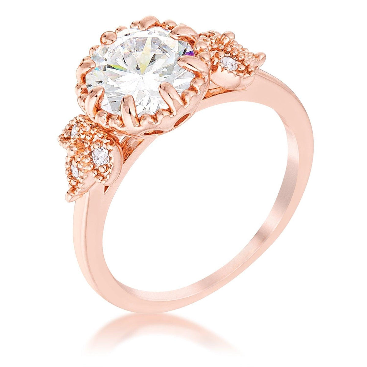 2Ct Rose Gold Plated Round Cut CZ Trio Laurel Leaf Engagement Ring - Flyclothing LLC