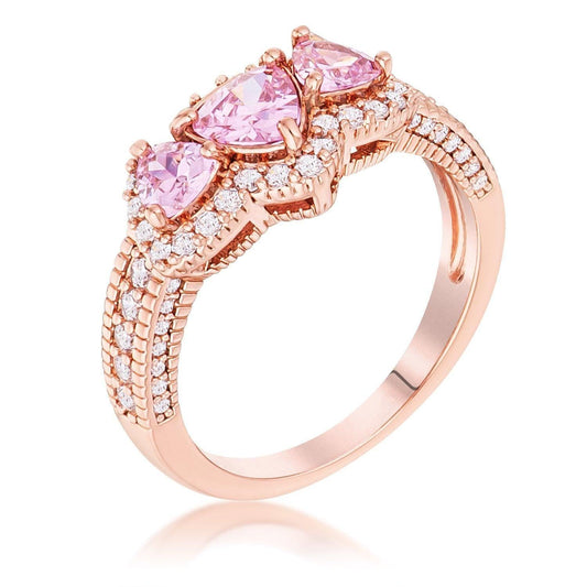 Rose Gold Plated 3-Stone Trillion Cut Pink CZ Halo Pave Ring - JGI