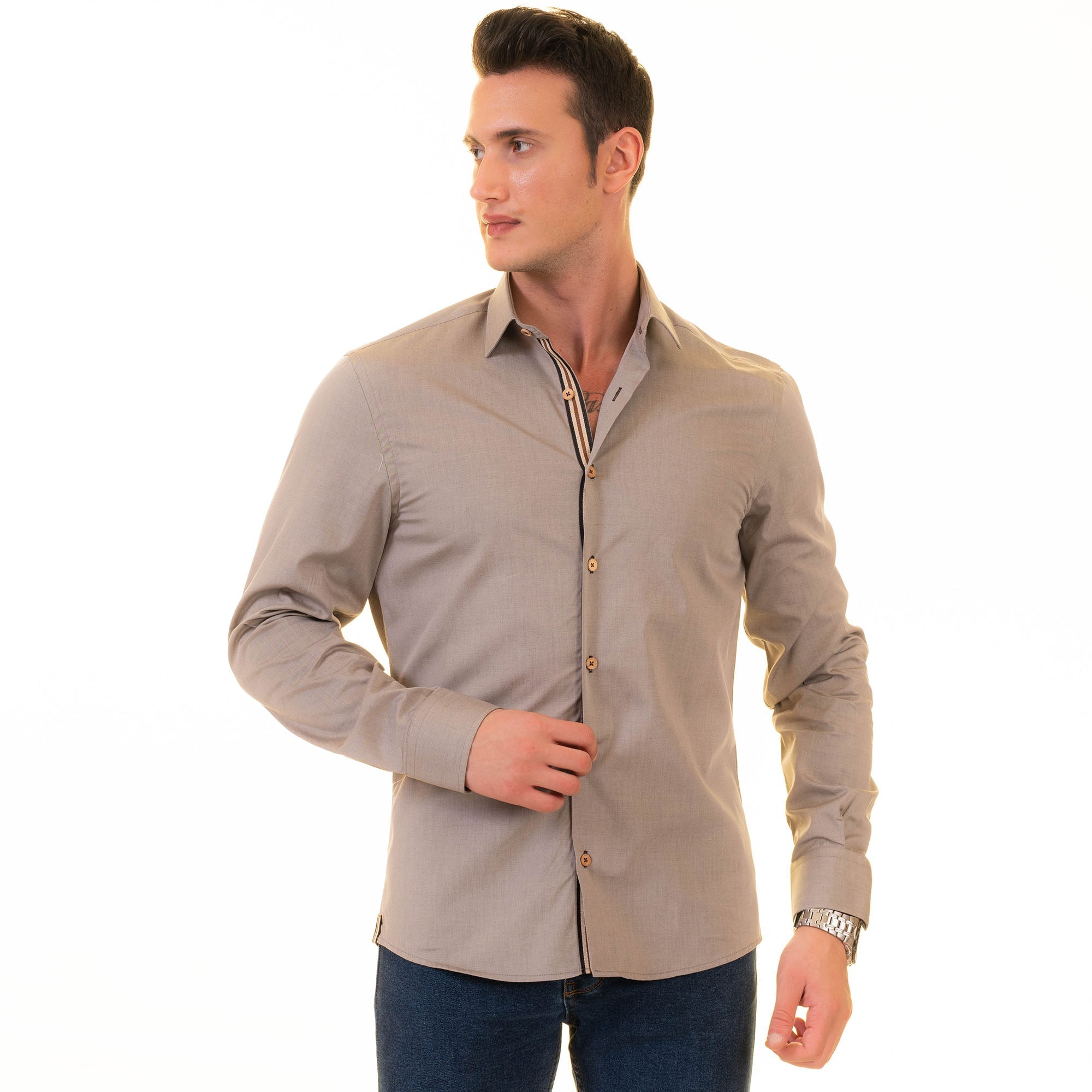 Gravity Homme Men's Long Sleeve Button Down / Bliss Natural R1 - Flyclothing LLC