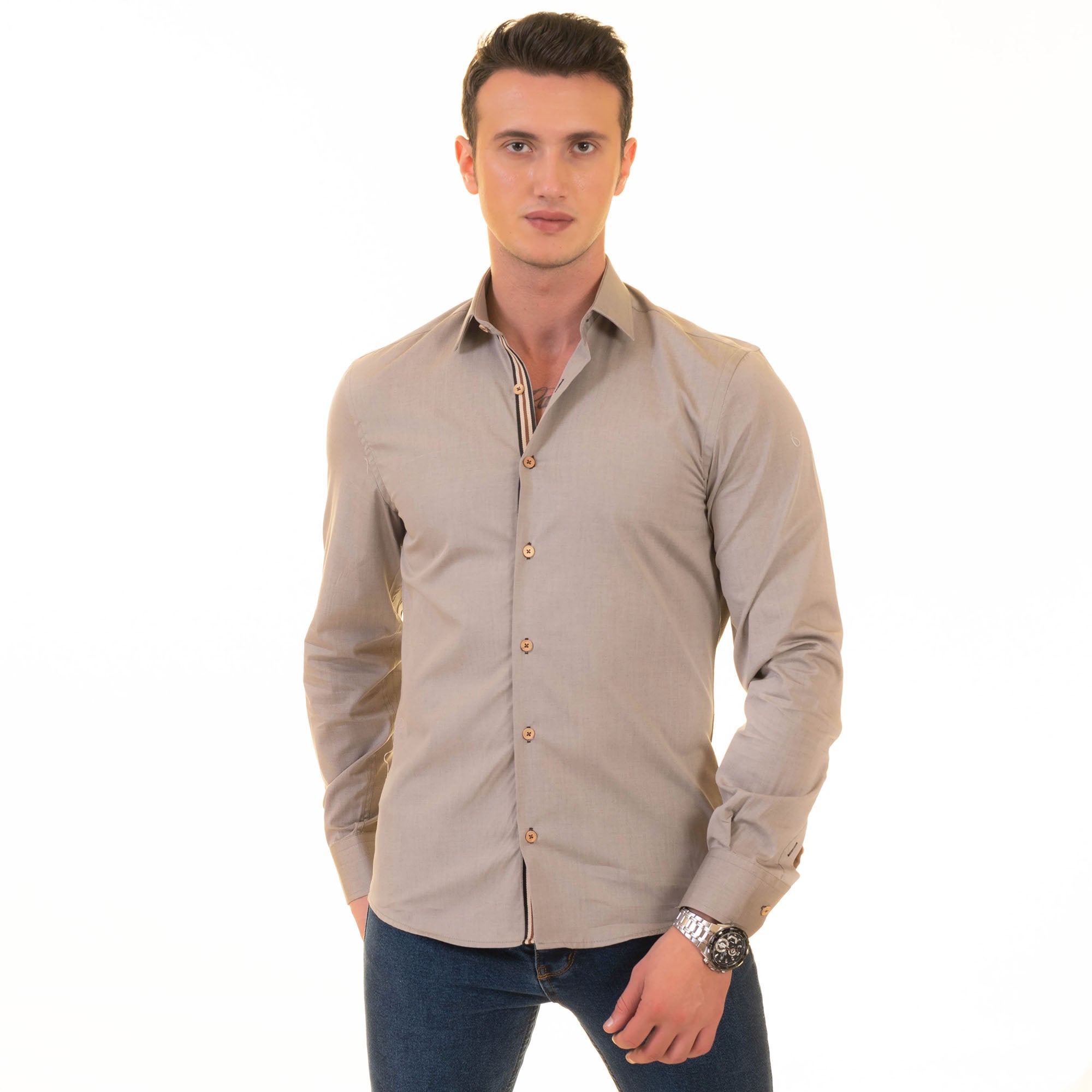 Gravity Homme Men's Long Sleeve Button Down / Bliss Natural R1 - Flyclothing LLC