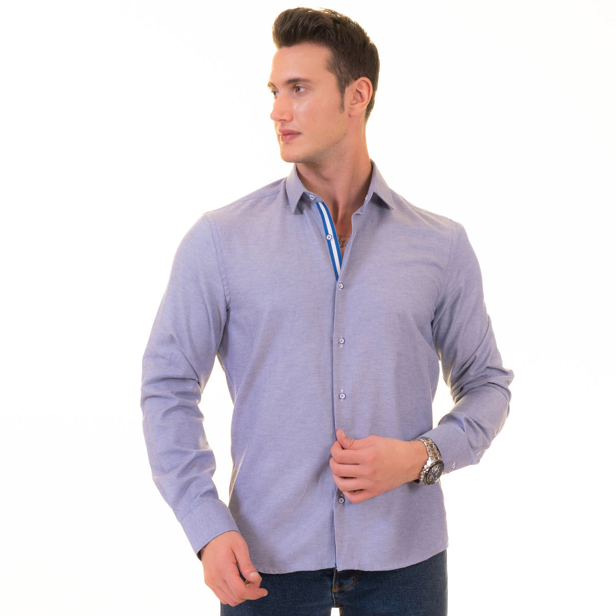 Gravity Homme Men's Long Sleeve Button Up / Bliss Azul R2 - Flyclothing LLC