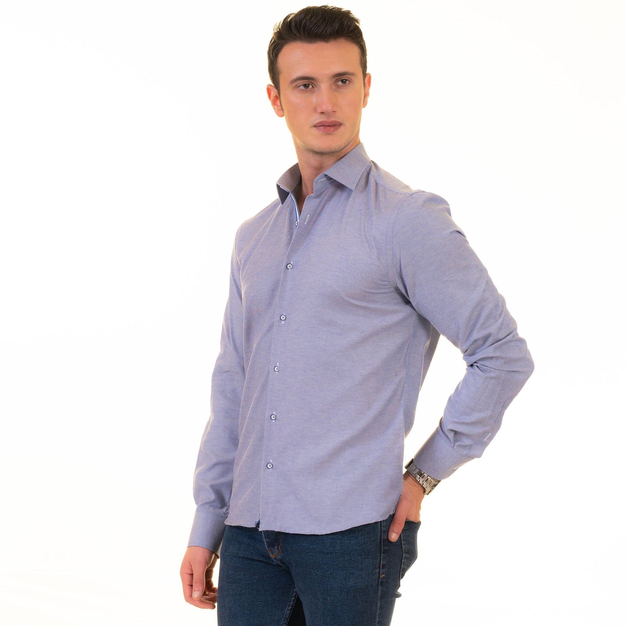 Gravity Homme Men's Long Sleeve Button Up / Bliss Azul R2 - Flyclothing LLC