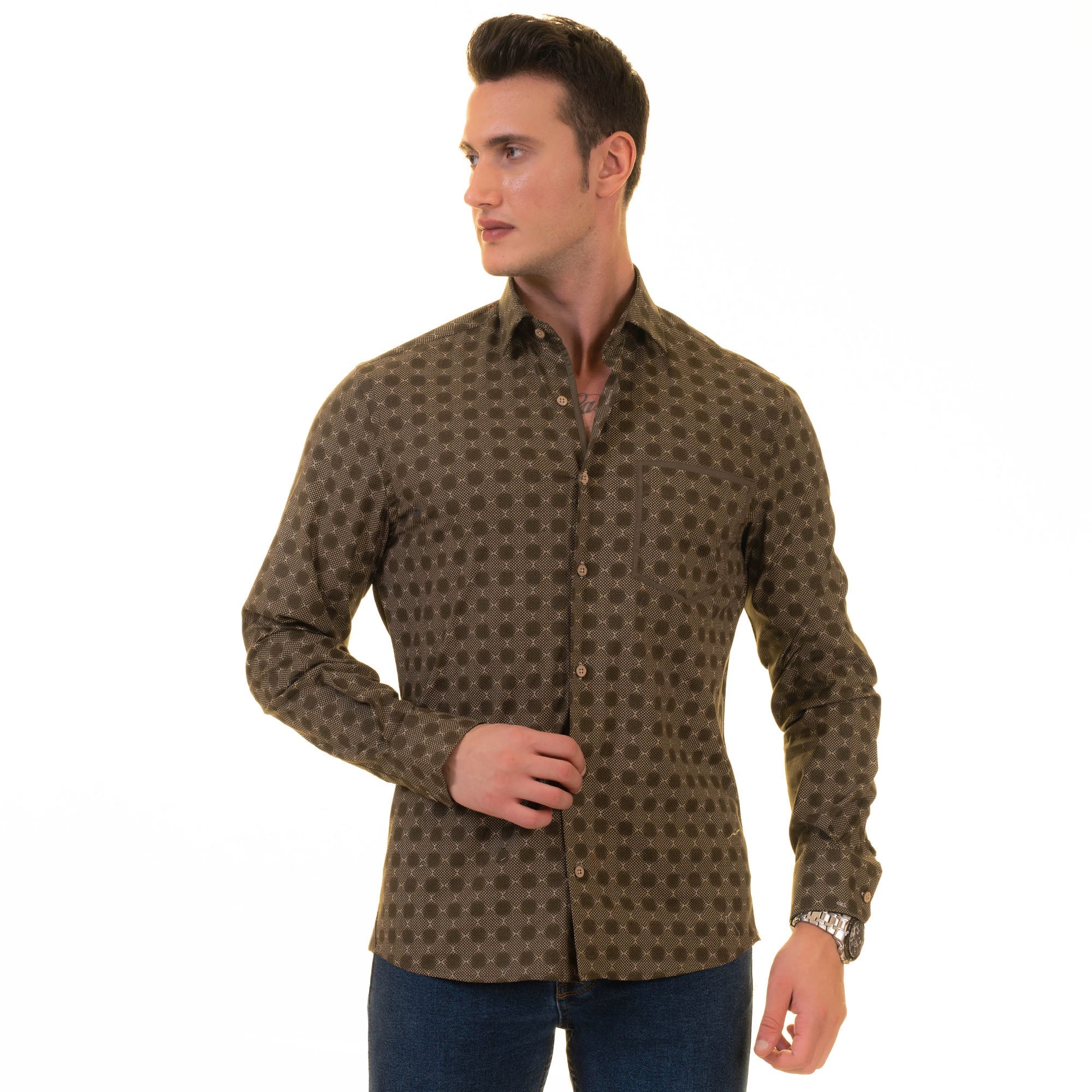 Gravity Homme Men's Long Sleeve Button Up / Evergreen R5 - Flyclothing LLC