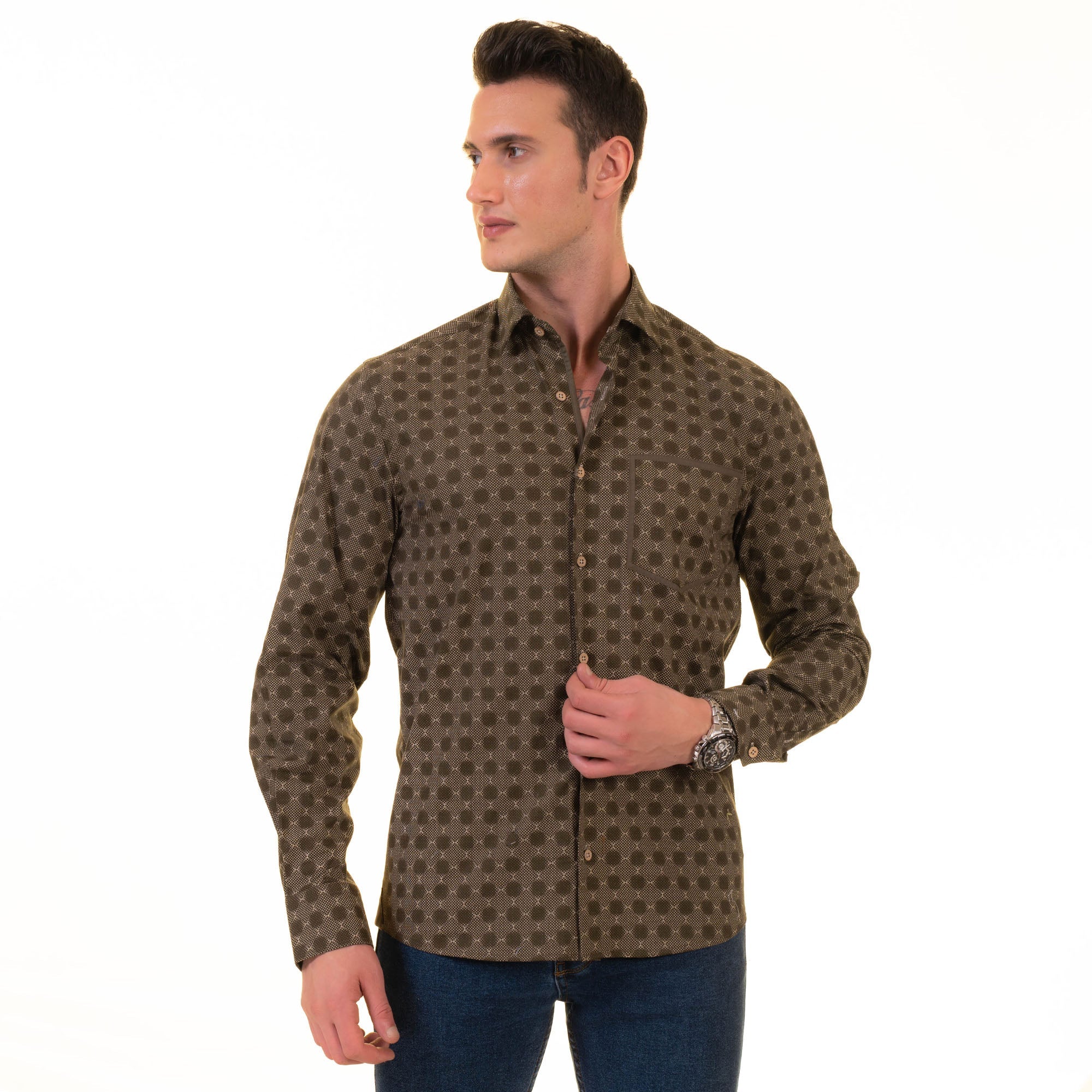 Gravity Homme Men's Long Sleeve Button Up / Evergreen R5 - Flyclothing LLC