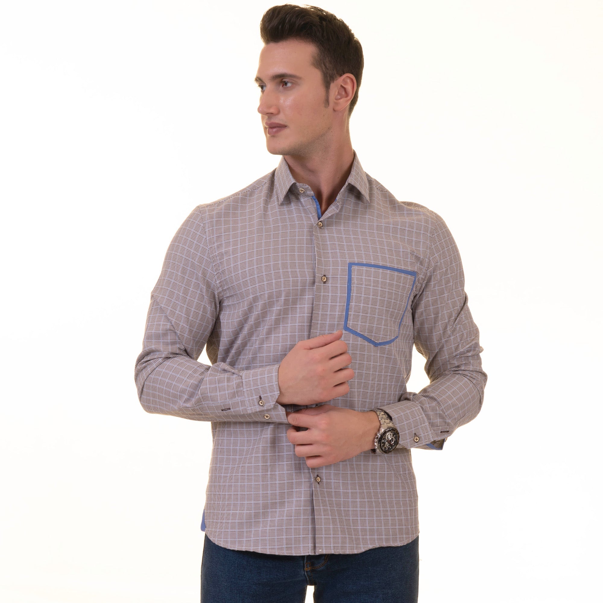 Gravity Homme Men's Long Sleeve Button Up / London Plaid R6 - Flyclothing LLC