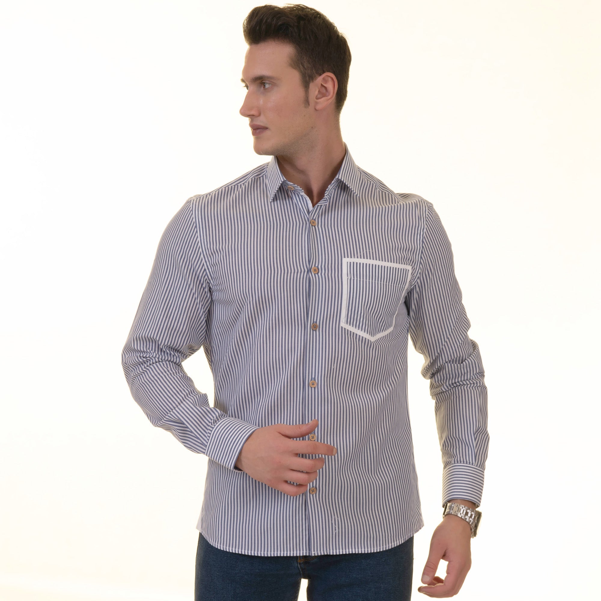 Gravity Homme Men's Long Sleeve Button Down / Marne Stripe R8 - Flyclothing LLC