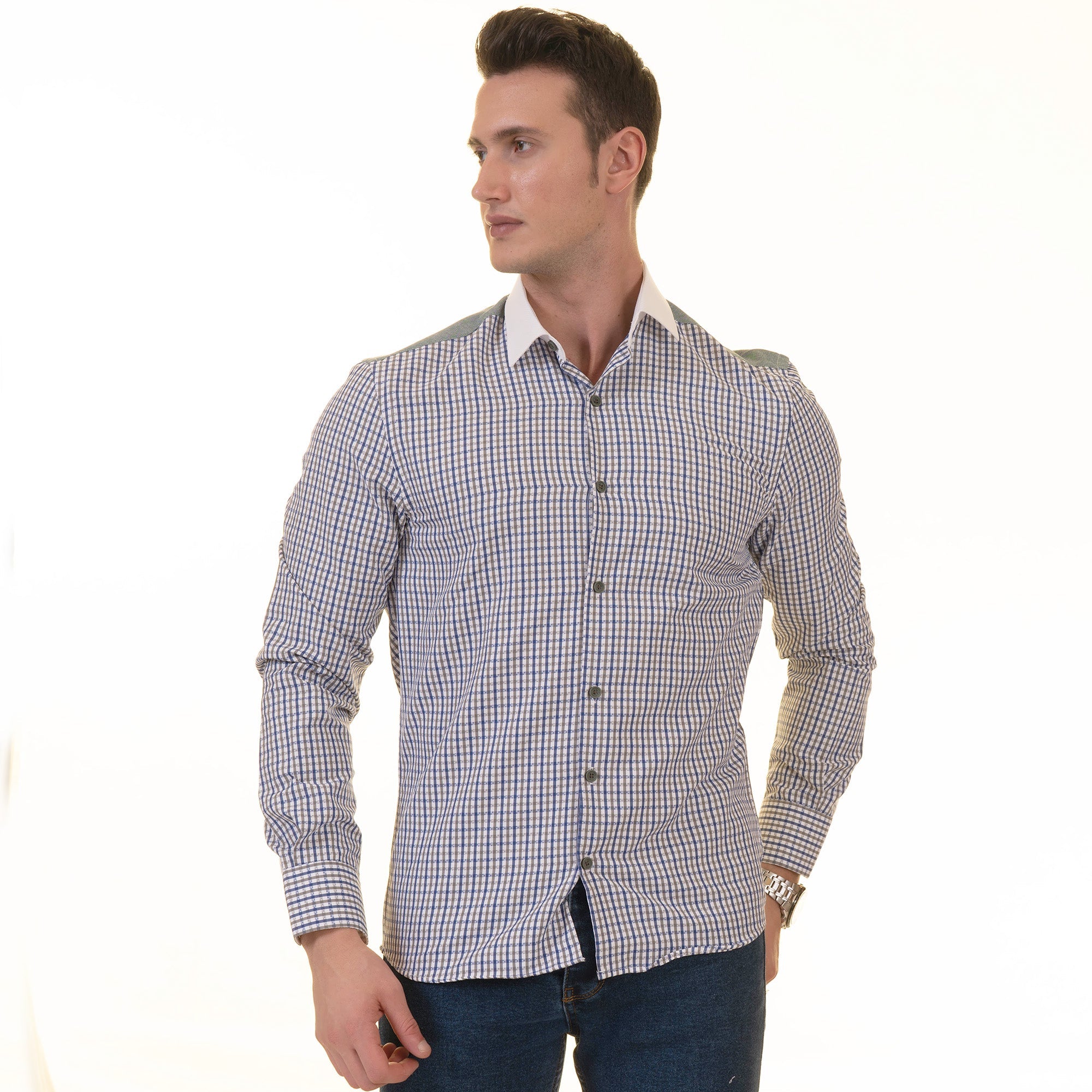 Gravity Homme Men's Long Sleeve Button Down / Lorenzo Plaid S8 - Flyclothing LLC