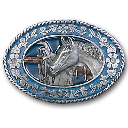 Horse head and Saddle Enameled Belt Buckle - Siskiyou Buckle